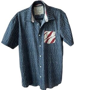 Quicksilver Sz L Cotton button front shirt.  Blue & white polkadot with red & wh
